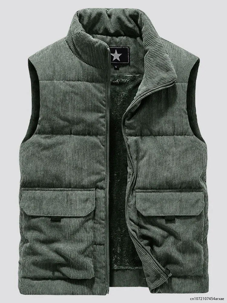 

Casual Thick Vest Men Solid Winter Cargo Sleeveless Jacket Man 2024 Fashion Zippper Corduroy Turtleneck Warm Boy Outwears