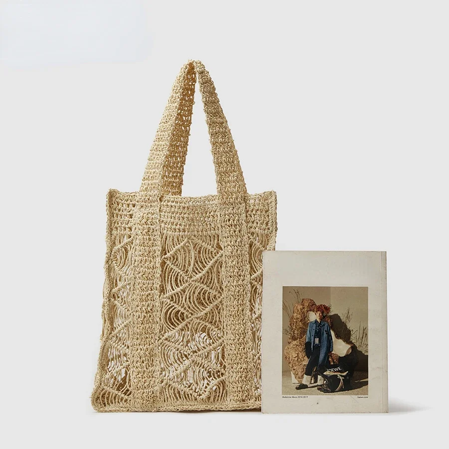 Summer Hollow Hand-woven Portable INS Mori Seaside Holiday Straw Package Large Capacity Vertical Square Shopping Bag