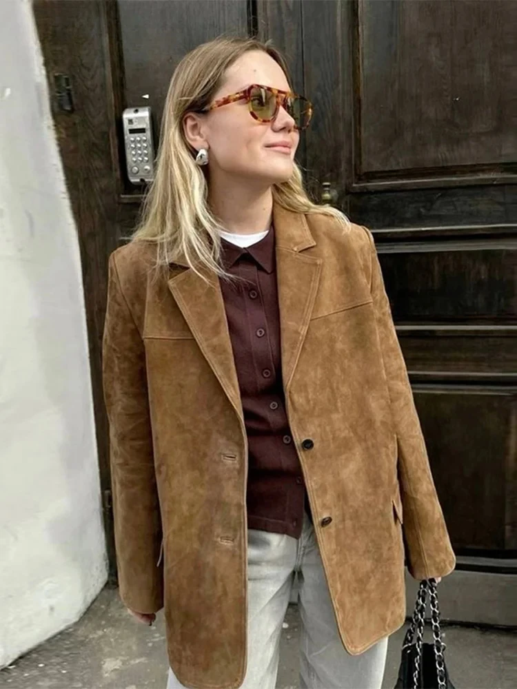 

Vintage Harajuku Women's Suede Leather Jacket Single Breasted Lapel Brown Blazer Loose Coats New Spring Office Lady Outerwears