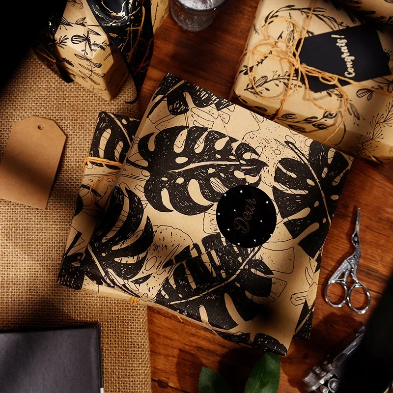 43×300cm Black Plants Wrapping Paper Roll - Vintage Paint Design Craft Paper for Birthday Graduation Engagement Holiday Gifts