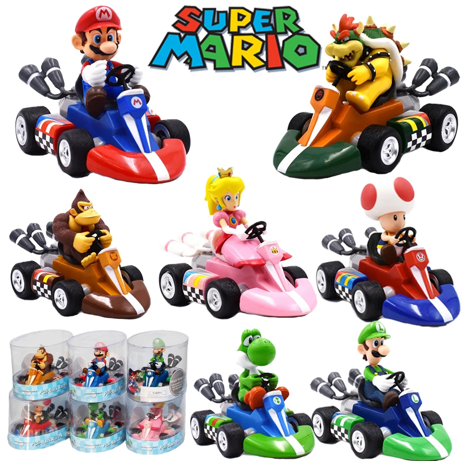 Super Mario Pull Back Car Green Yoshi Donkey Kong Bowser Luigi Toad Princess Peach Action Figure Toys Anime Game Doll Kid Gifts