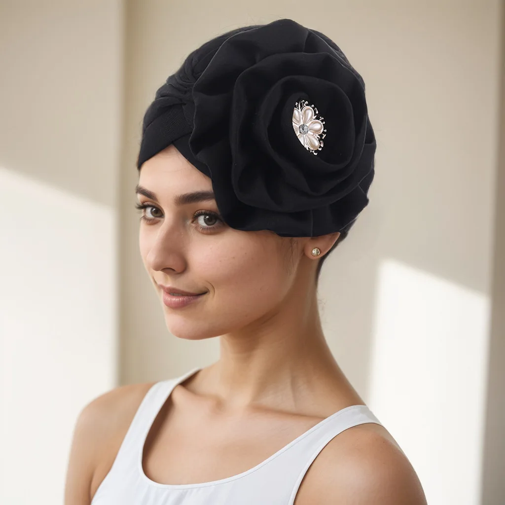 

Женский тюрбан с большим цветком, мусульманский хиджаб, повязка на голову, шарф, готовый к ношению геле, африканский головной убор, бандана, химиотерапия, шапочка от выпадения волос, капот