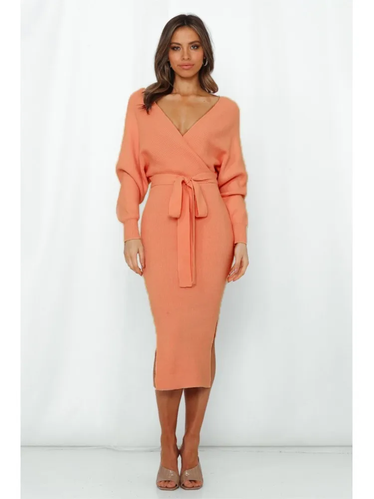 春の女性用エレガントな長袖ボディコンワンピース、カジュアルな無地のリブ編みスキニーニットマキシワンピース、秋の女性用セクシーセーターワンピース