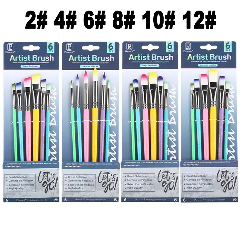 

6Pcs Set Nylon Hair Art Painting Brush 2# 4# 6# 8# 10# 12# Flat Round Oblique Tip For Oil Acrylic Gouache Watercolor Drawing