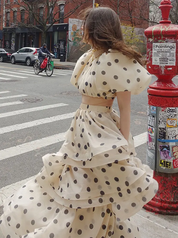 

Women Polka Dot Ruffles Layered Skirt Set Puffed Sleeves Waist Cinched Pleated Shirt Top Fluffy Long Skirts Crop Blouse Suit