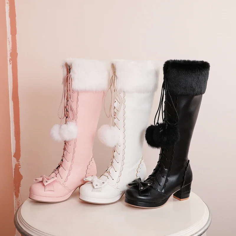 Lovely Lolita Knee High Boots Women Platform Thick Heels Sweet Bowtie White Pink Show Party Cosplay Ladies Fur Zipper Long Boots