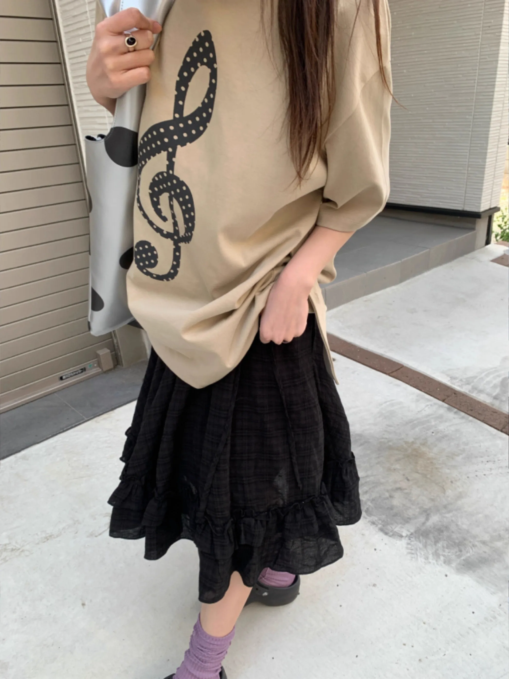 Retro Japońska Spódnica w Kratę z Koronkowym Wykończeniem, Damska, z Wysokim Stanem, Bawełniana, Codzienna, z Wysokim Stanem, Dr