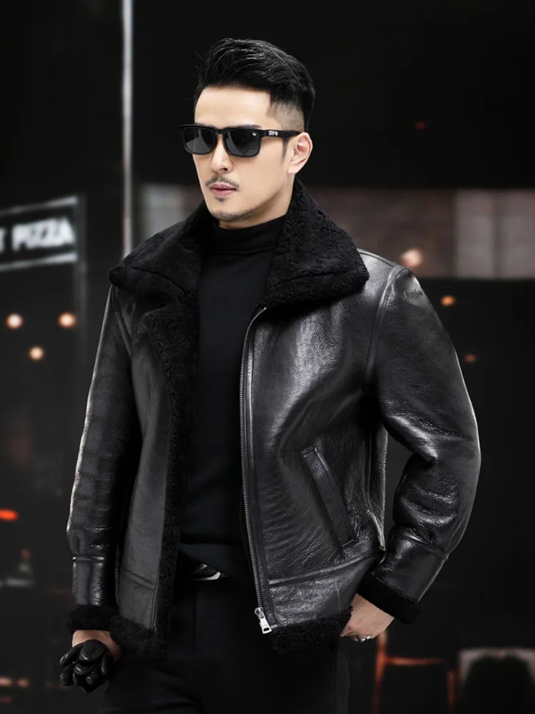 Luxury Men Genuine Sheepskin Shearing Coat Wool Liner Jacket for Male Motor Pilot Overcoat Thick Warm Winter Clothing Black 8XL