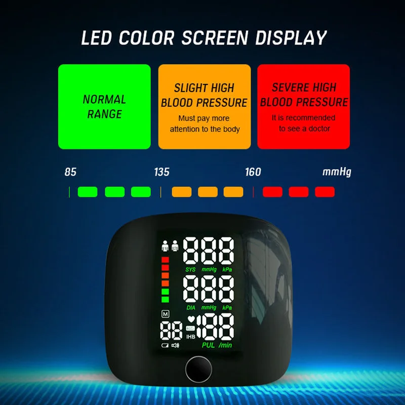 Wrist Type Blood Pressure Monitor Large Screen LED Fast Measurement Digital Tensiometer BP Tonometer Heart Rate USB Rechargeable