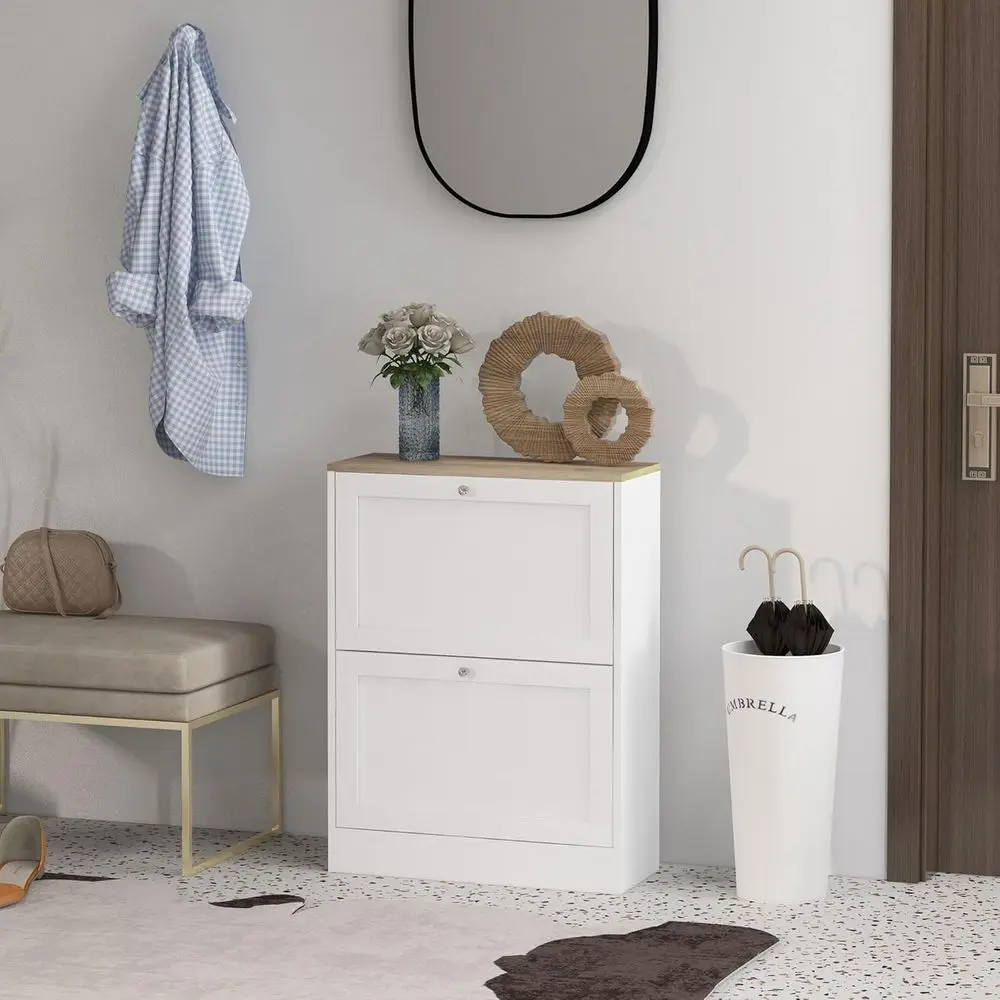 

Slim Shoe Cabinet or Entryway, ern Hidden Shoe Storage Cabinet with 2 lip Ders and Adjustable Shelves or 8-12 Pairs o Shoes, Whi