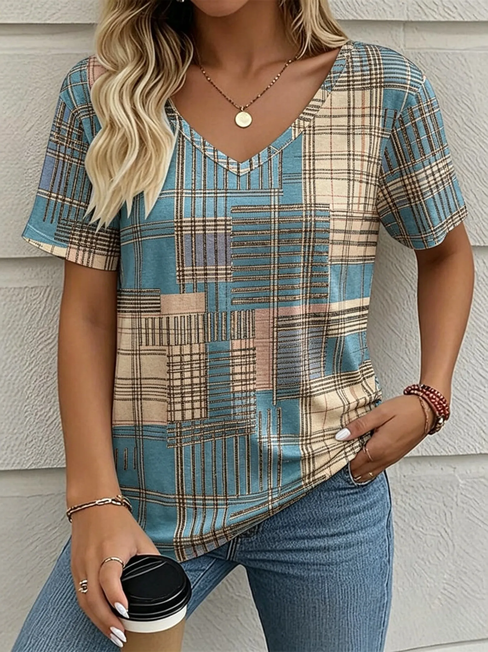 Women's V-Neck Blue Abstract Geometric Print Short Sleeve T-Shirt, Casual Tops for Spring & Summer