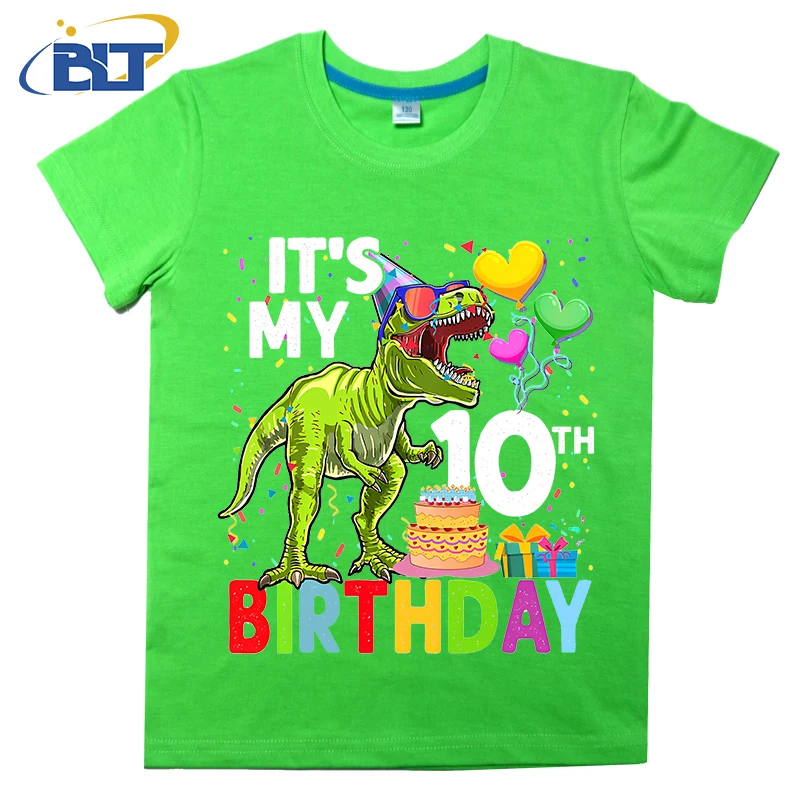 Happy 10th Birthday เสื้อยืดพิมพ์ลายไดโนเสาร์ T Rex สำหรับเด็กเสื้อลำลองแขนสั้นผ้าคอตตอนสำหรับฤดูร้อนเหมาะสำหรับทั้งเด็กผู้ชายและเด็กผู้หญิง