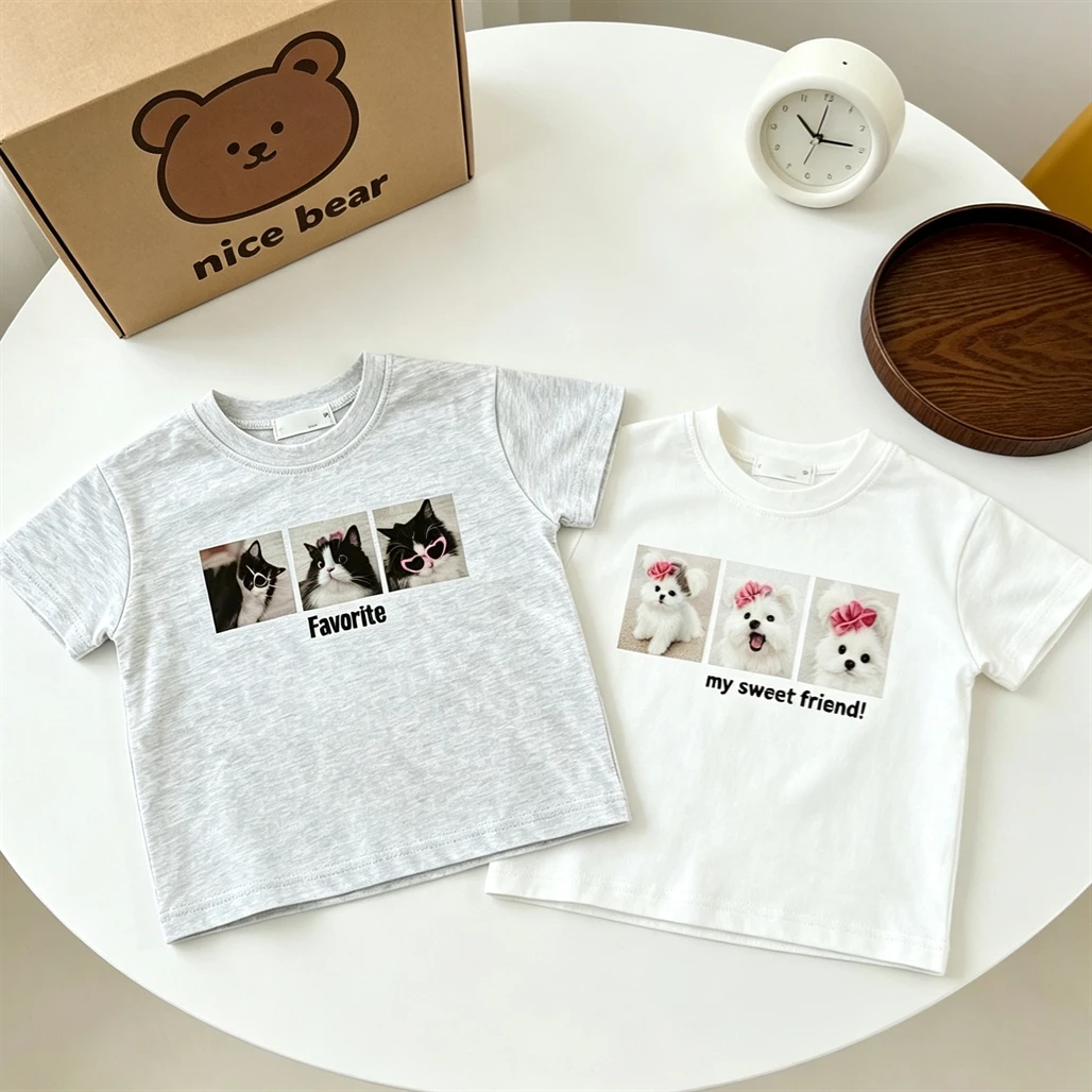 Girls Tshirt Cartoon Cat Printed Short Sleeve Children Summe