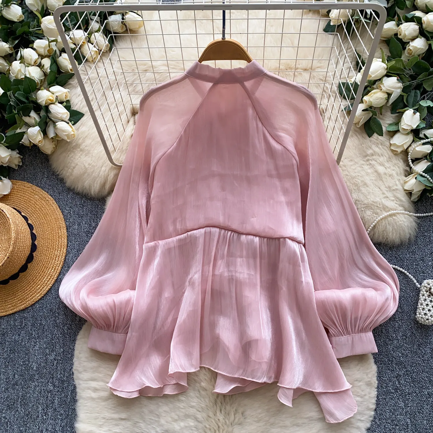 Retro Bow Tie Tiered Puff Sleeve   Blouse Office Lady Women Elelgant Shirt  Sweet Fashion Top