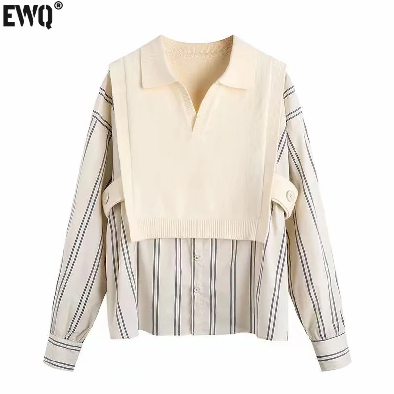 [EWQ] Casual Striped Shirts Spliced Knitted Sweater Loose Pullover Tops Beautiful Women's Clothing 2024 Autumn New Fashion GZ553