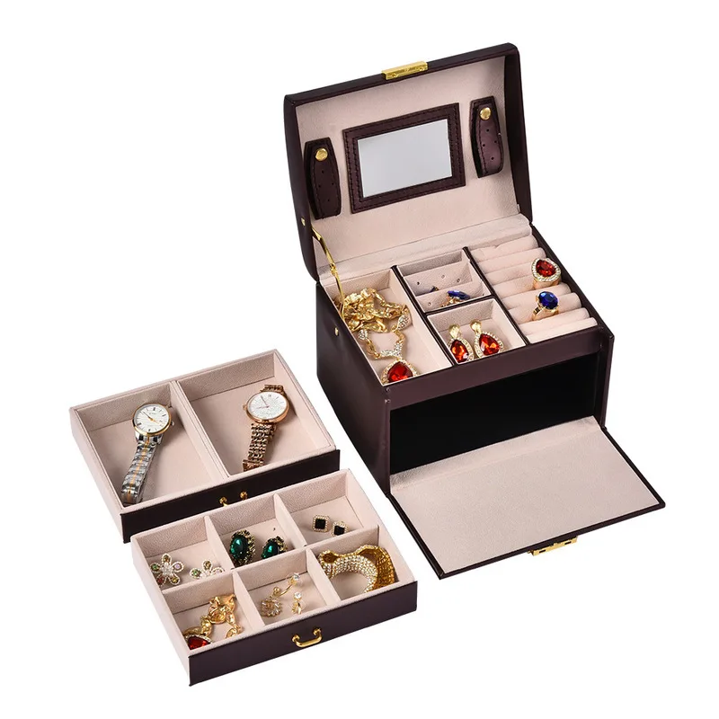 Jewelry Organizer Box for Women, Large Leather Jewelry Storage Box with Locked, Mirrored, 2 Drawer for Watch Necklace Ring Earri