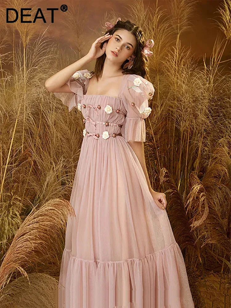 

DEAT Elegant Dress 3D Flower Gauze Puff Sleeve Square Collar Patchwork Women's Party Dresses 2024 Summer New Fashion 13DB3321