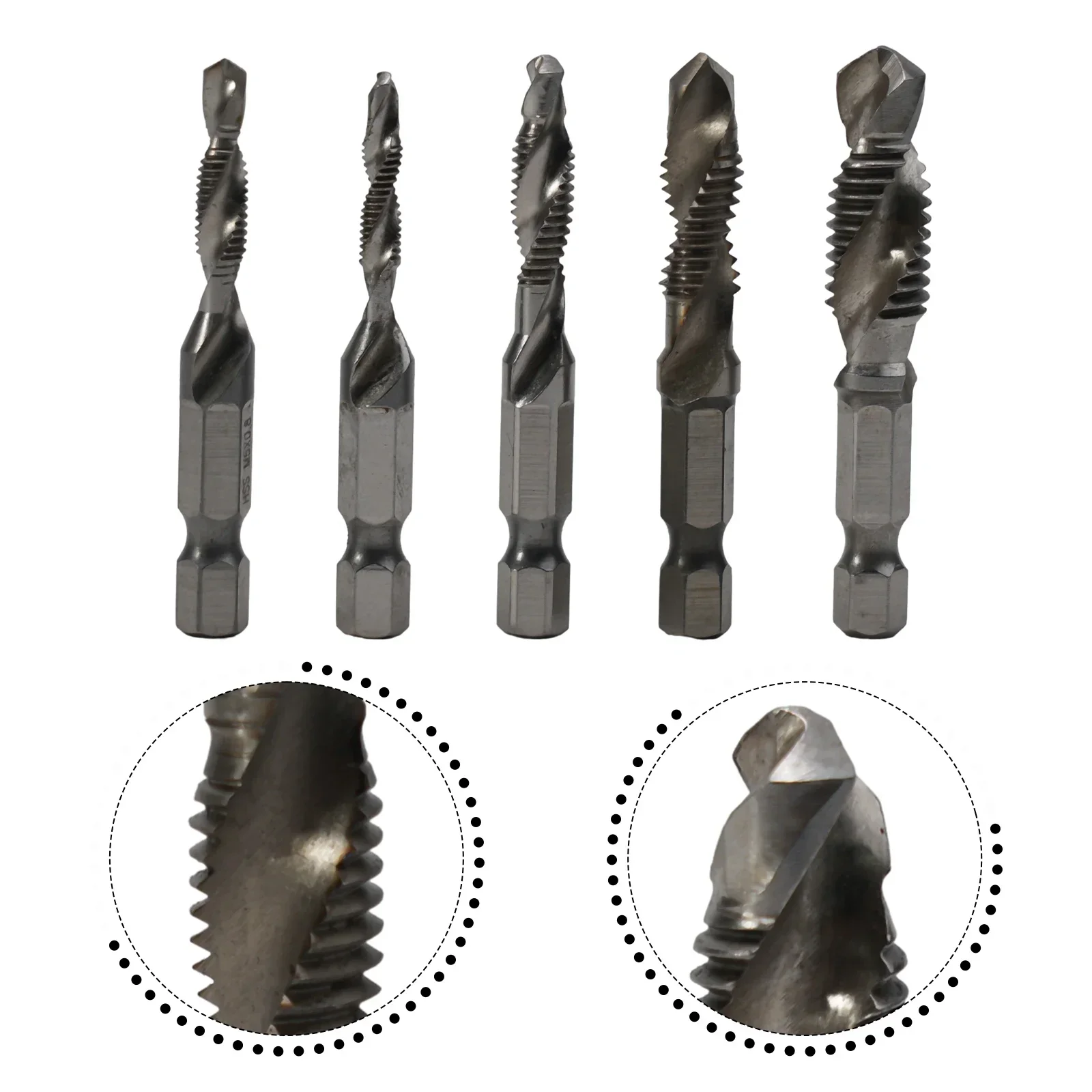 5pcs Set Tap Drill Bit Hex Shank HSS Threaded Bit Screw Machine Compound Metric Tap M5 M6 M8 M10 For Aluminum Wood Plastic