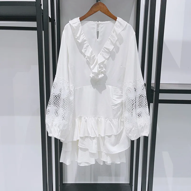 

Niche 2025 spring/summer romantic fashion ruffled V-neck embroidered hollow sleeve dress
