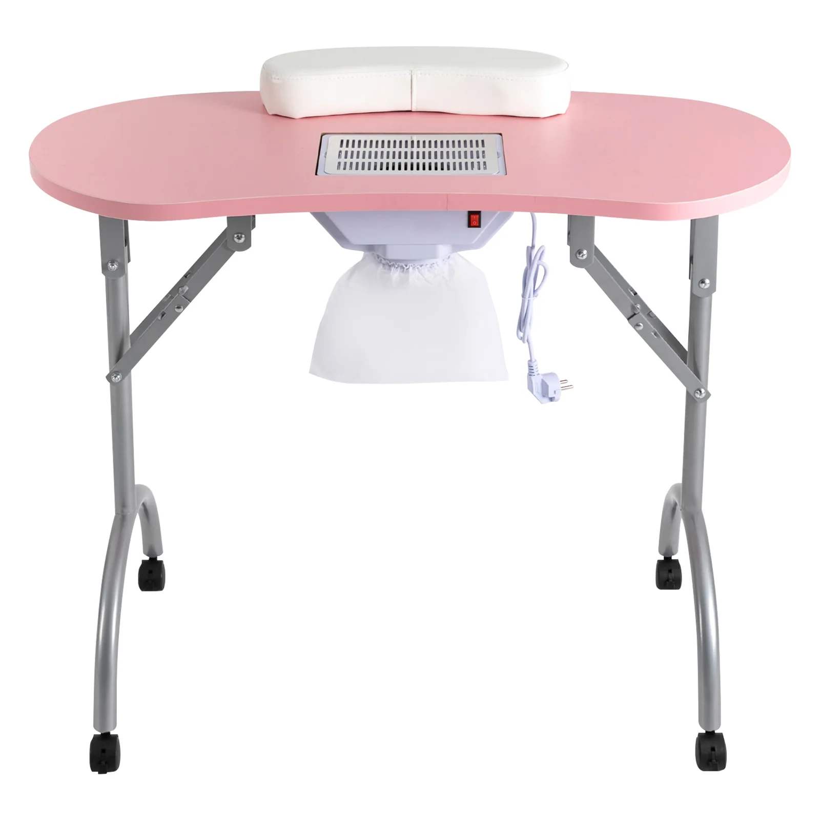 Foldable Nail Table W/ Wheels Multifunctional Portable Manicure Table with MDF Table Top for Households Nail Salons