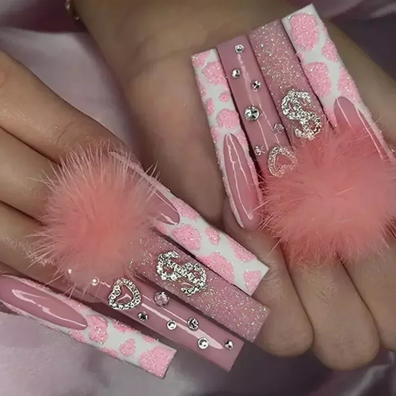 

24Pcs Pink French Fake Nails Press on Long Ballet Coffin False Nails with Dollar Love Rhinestone Wearable Full Cover Nail Tips