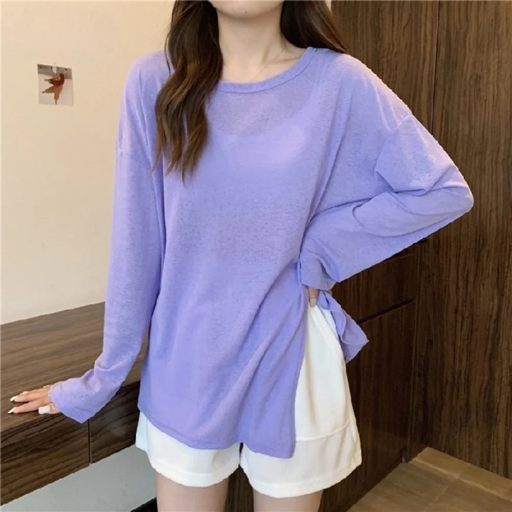 

Leisure Thin Sunscreen T-shirt Pure Color Round Neck Air Conditioning Cover Oversized Loose Beach Cover Summer