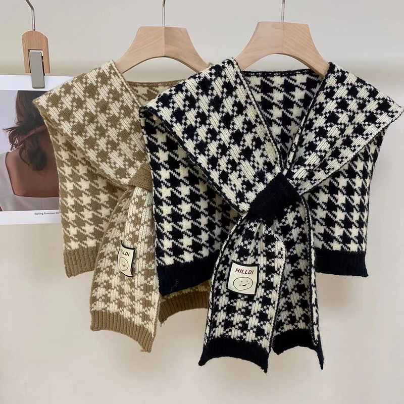 

Шерстяная вязаная теплая шаль в корейском стиле, зимняя блузка с искусственным воротником, накидка с узором «гусиные лапки», вязаные защитные шарфы для шеи