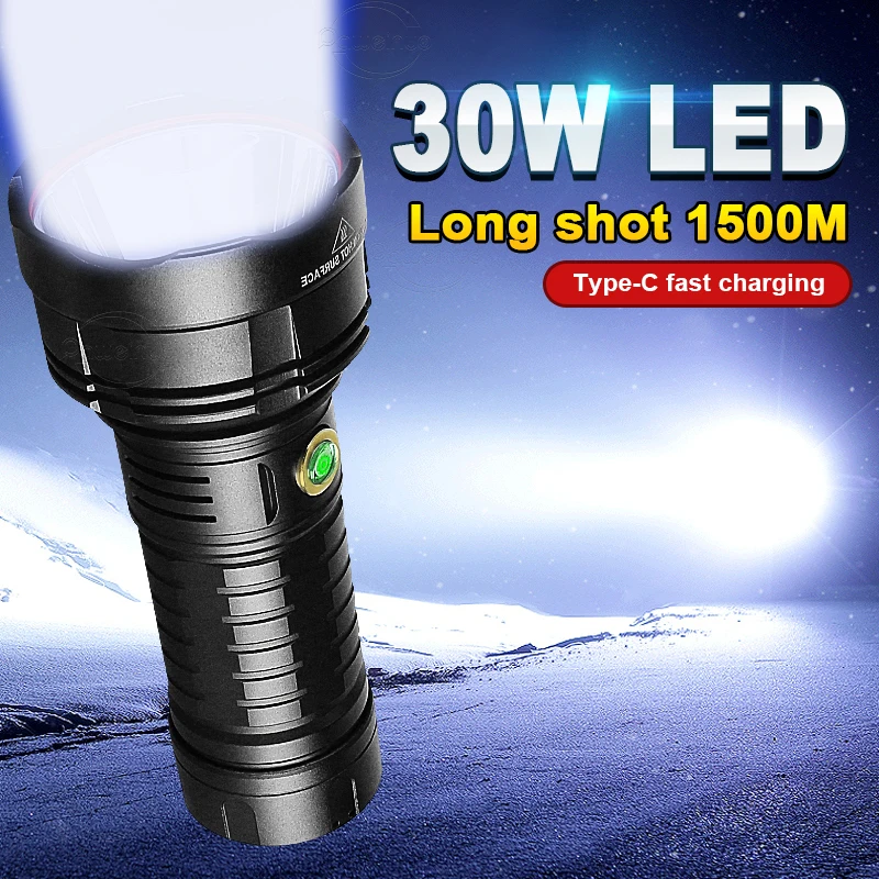 Super Powerful 30W LED Flashlight Tactical Torch USB Rechargeable Waterproof Lamp Ultra Bright Lantern Camping Work Flash Light