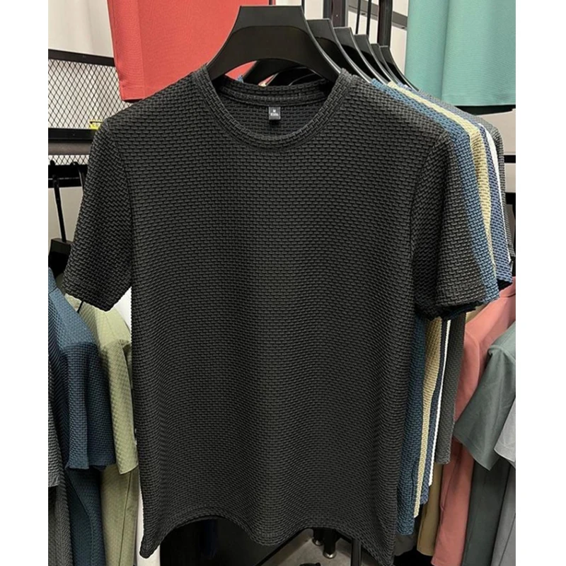 Summer Men's Elastic Mesh Ice Silk T-shirt Round Neck Half Short Sleeve