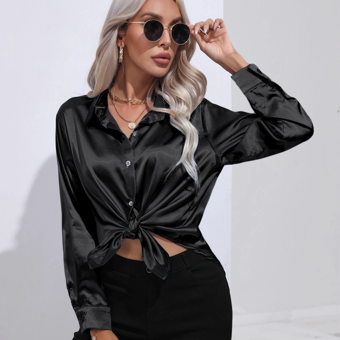 Autumn Casual Women\'s Blouses Elegant Satin Multicolor Basic Slim Shirt Solid Vintage Trend Ball Dance Party Shirt All-Match Top