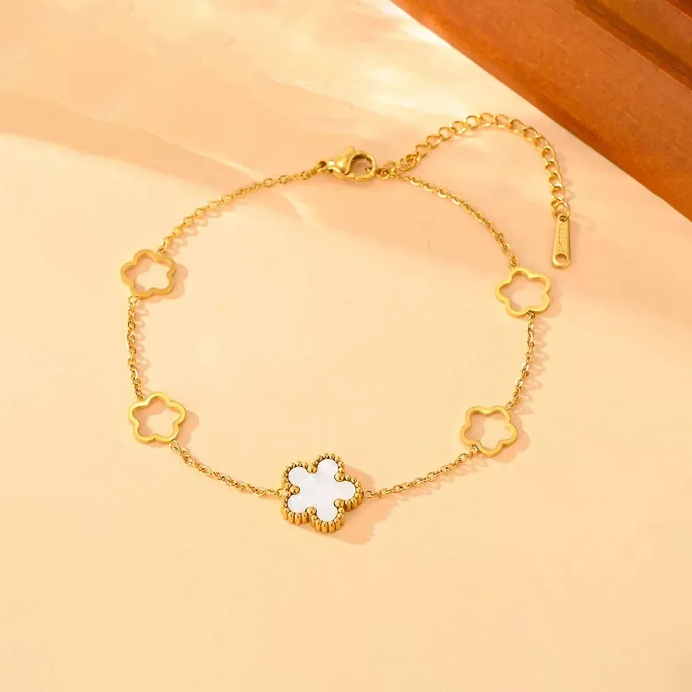 1 قطعة الحد الأدنى تكويم لامع ريترو حفلة محظوظ البرسيم سحر مع قذيفة أنيقة زهرة 14K مطلية بالذهب خلخال للنساء #5