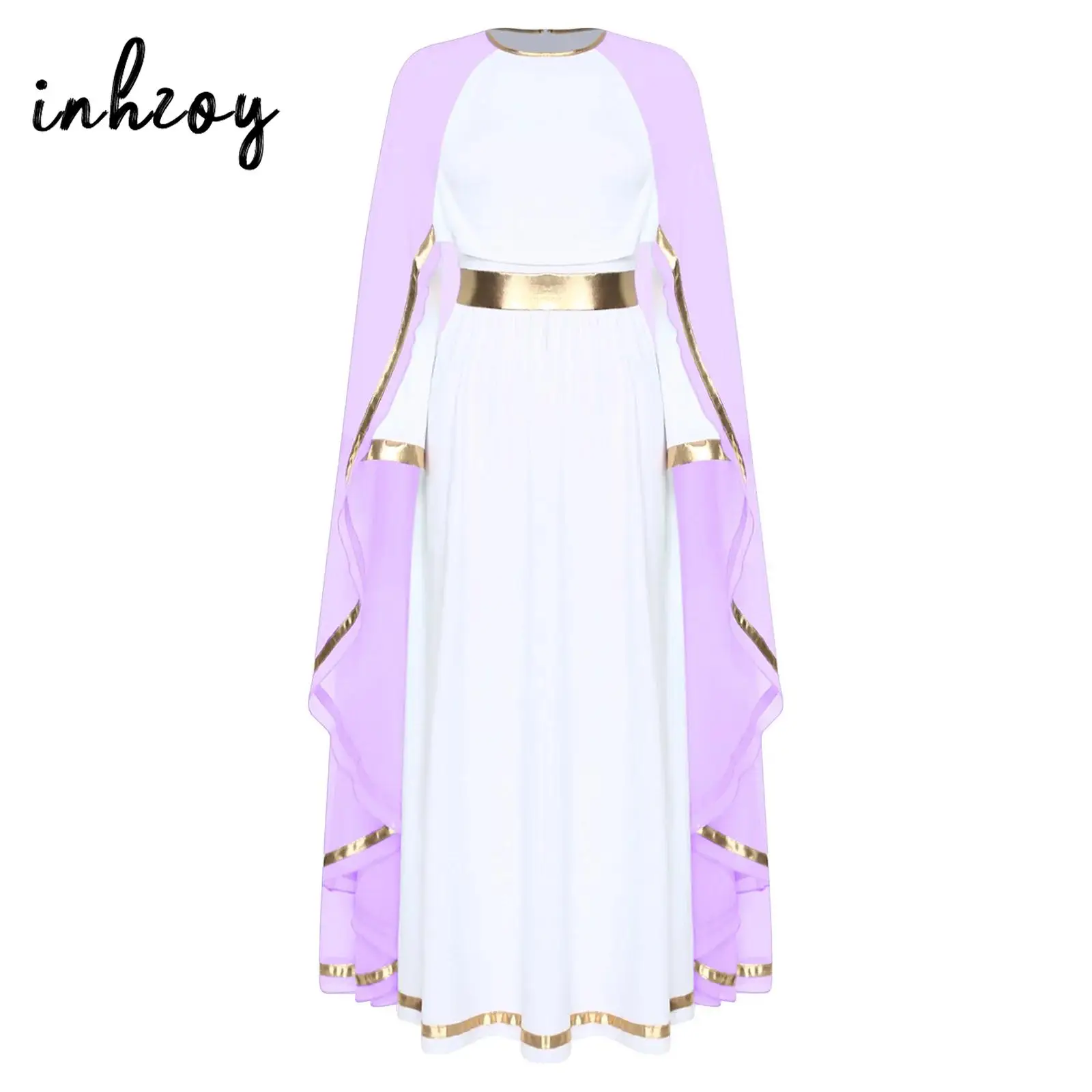 

Женское платье в древнегреческом стиле для церковных танцев, с длинными рукавами, металлическим блестящим декором, макси-платье-тога для Хэллоуина и косплея