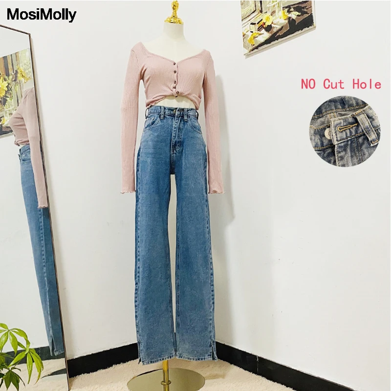 MosiMolly-Pantalon en denim délavé pour femme, jean boyfriend, décontracté, fendu, long, astronomique, noir