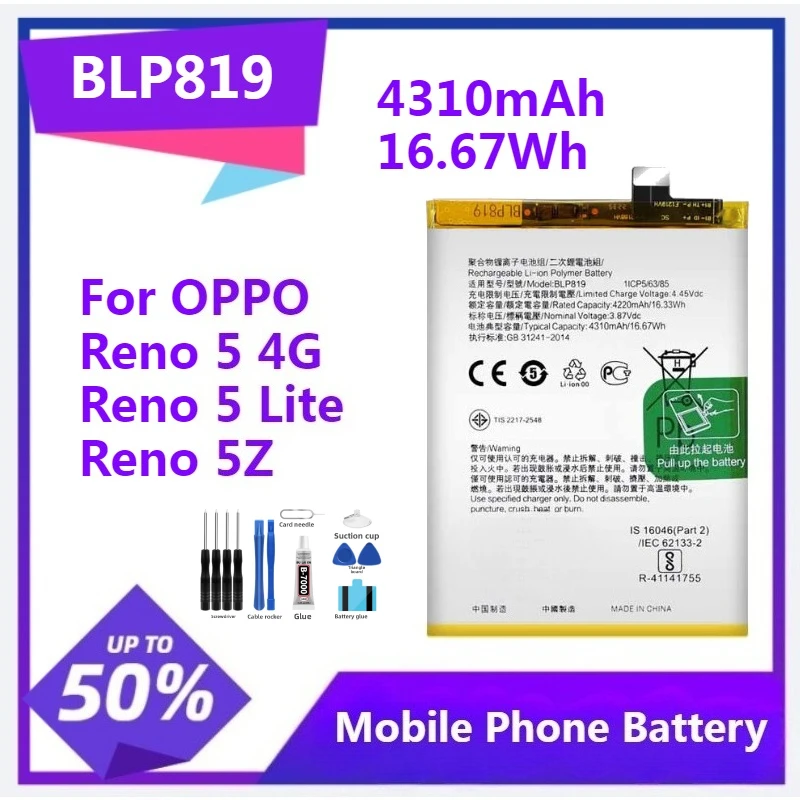 

BLP819 Replacement Battery For OPPO Reno 5 4G Reno 5 Lite Reno 5Z 4G 4310mAh 16.67Wh Battery with Tool