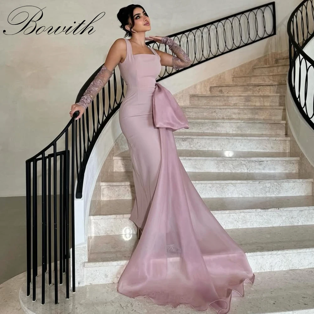 

Bowith Mermaid Square Collar Sleeveless Evening Dresses Blush Pink Big Bow Prom Party Gown Customized Party Dresses for Women
