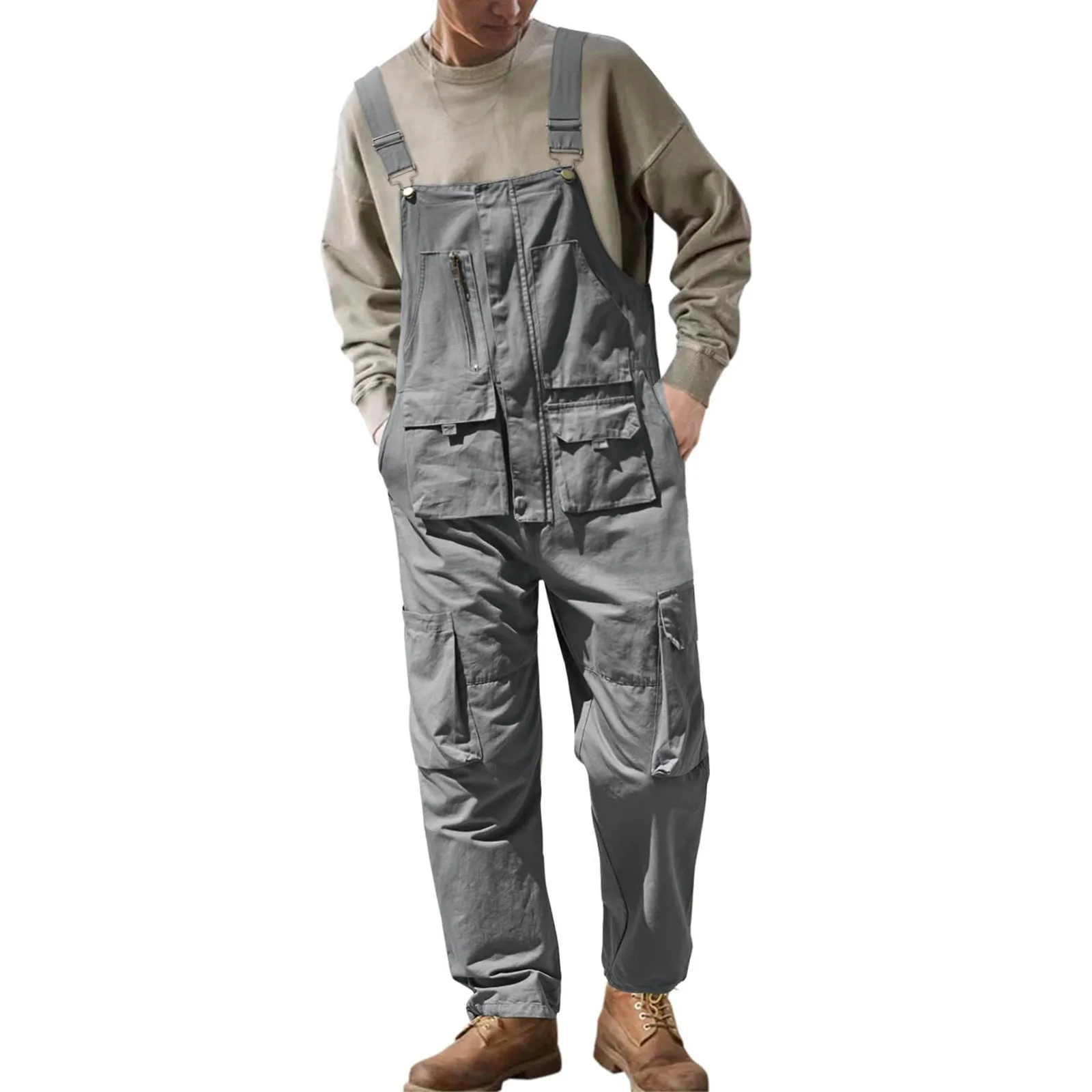 

Men Clothing 2024 New Loose Bib Overalls Trousers Mens Solid Color Cargo Work Pants Functional Multiple Pockets Coveralls Pants