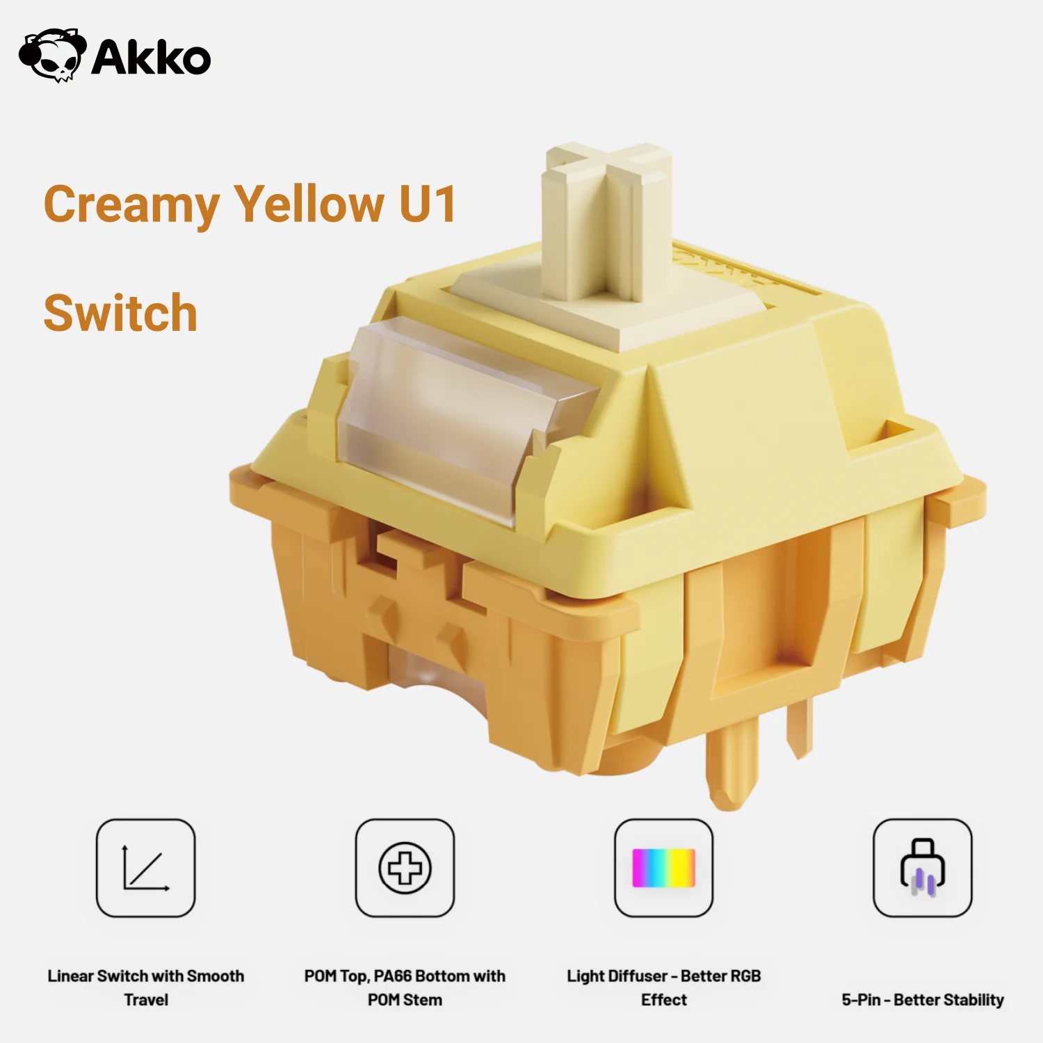 Akko Creamy Yellow U1 Linear Switch 5 Pins 45gf±8gf Focused Low-Pitched Thock Factory MX Switches Mechanical Keyboard (100 pcs)