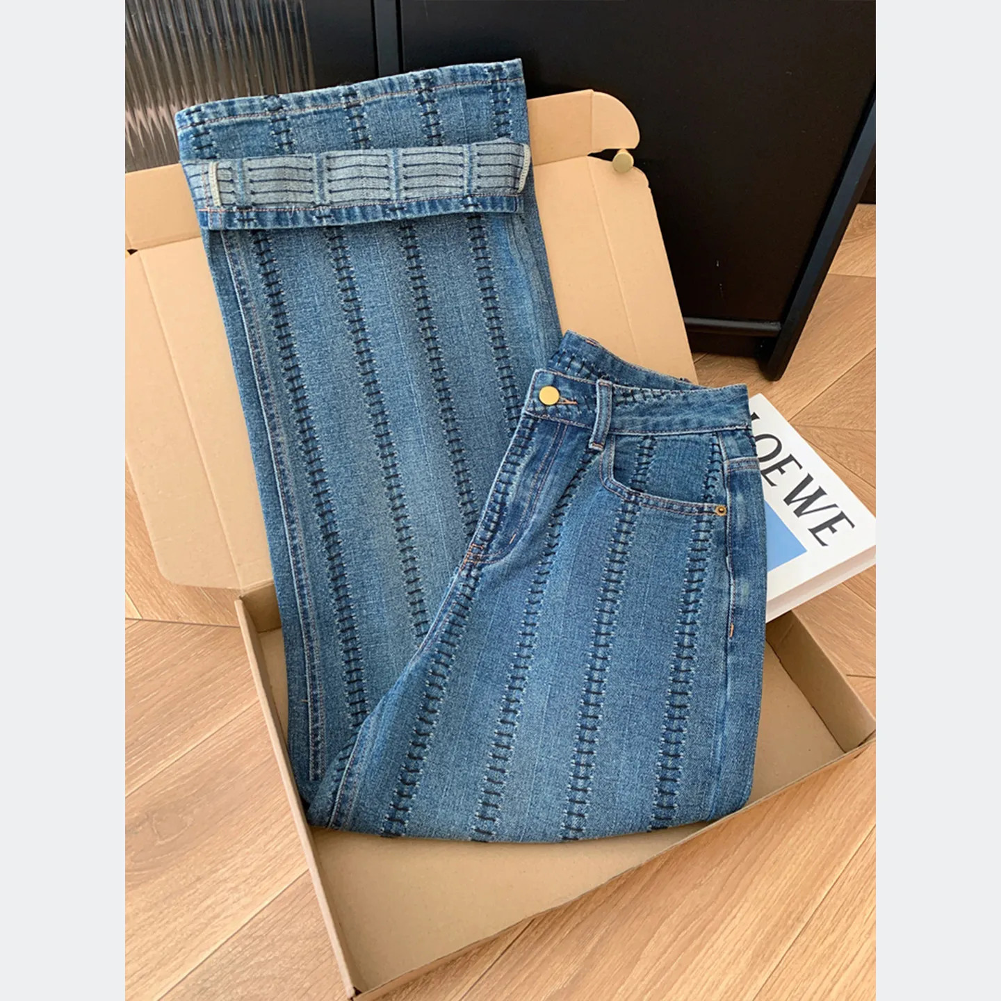Retro Blue Heavy Duty Sewing Thread Jeans Women's Summer New High Waist Loose Wide Leg Pants Slim Straight Floor-Length Pants - view 5