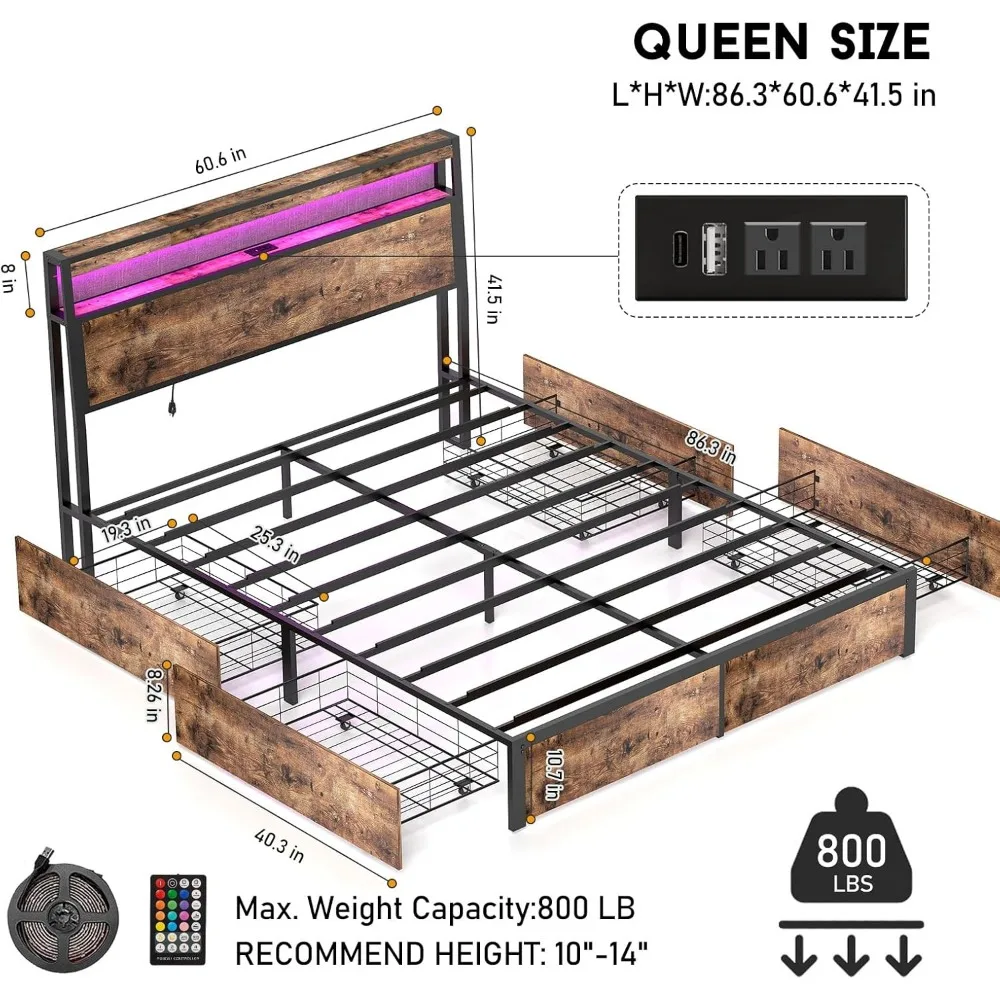 Queen-size bed frame with 4 storage drawers and headboard with charging station and LED lights, remote control/vintage brown