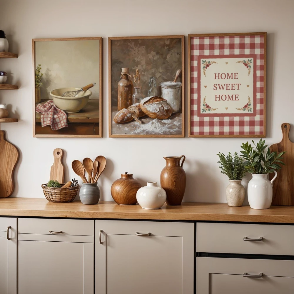3pcs Rustic Kitchen Prints Farmhouse Gallery Wall Vintage Bread Flour Still Life Red Gingham Home Sweet Home Print Digital Decor