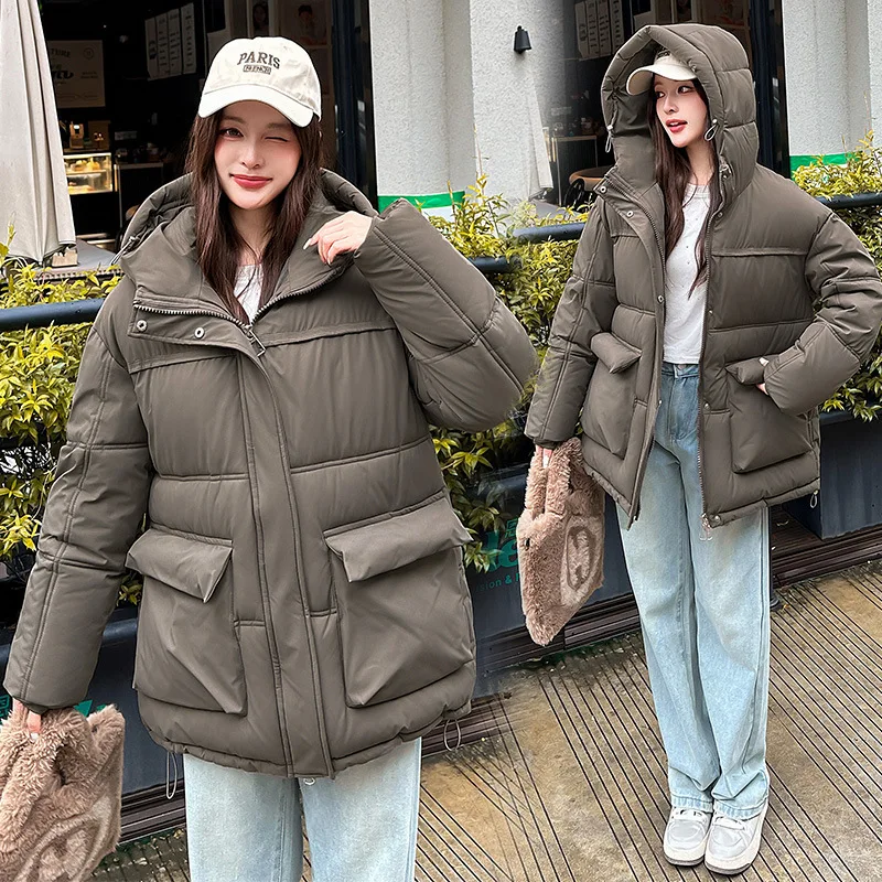 Women Thick Parkas Zipper Button Hooded Coat Loose Solid Jackets Pockets Jacket Elegant Lady Casual Warm Autumn Winter 2025