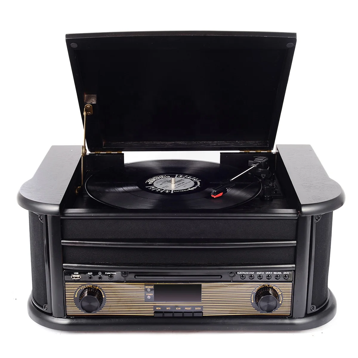 retro style 6-in-1 USB BT SD CD cassette AM FM radio music enter phonograph gramophone vinyl record player