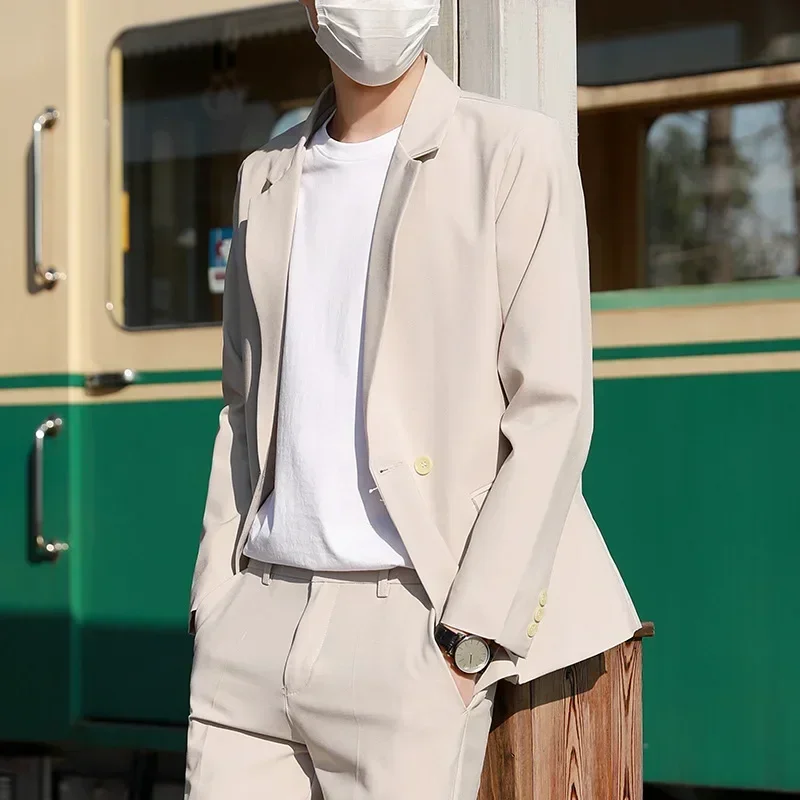 (Blazer+Pants) High Quality Fashion Casual Men\'s Suit Korean Style Fit Jacket Trousers 2 Piece Set Wedding Dress Party S-5XL