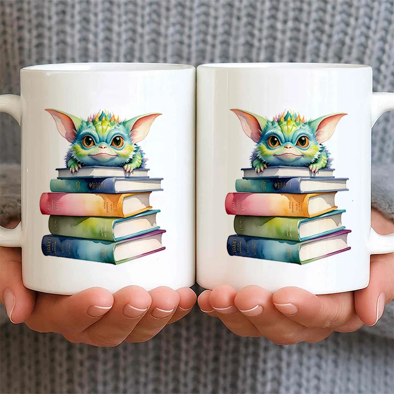 Cute Monster Stacked Books Colorful Print Ceramic Coffee Mug 11oz 350ml Personalized Custom Microwave Safe Cute Aesthetic Birthd