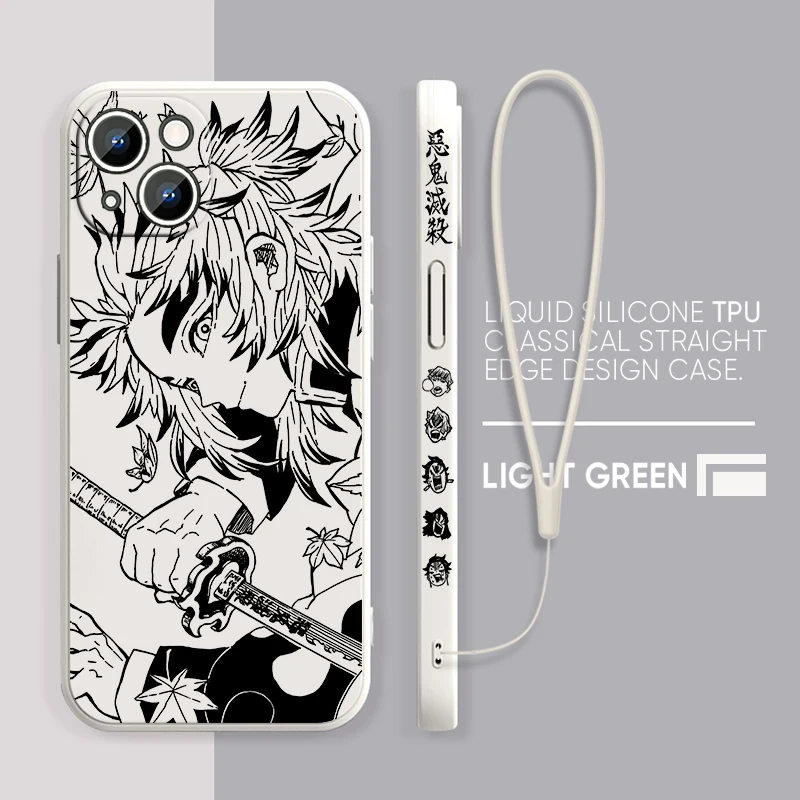 Rengoku Kyoujurou Demon Slayer Phone Case For Apple iPhone 15 14 13 12 11 Pro Max Plus 8 7 SE Liquid Left Rope Capa Cover