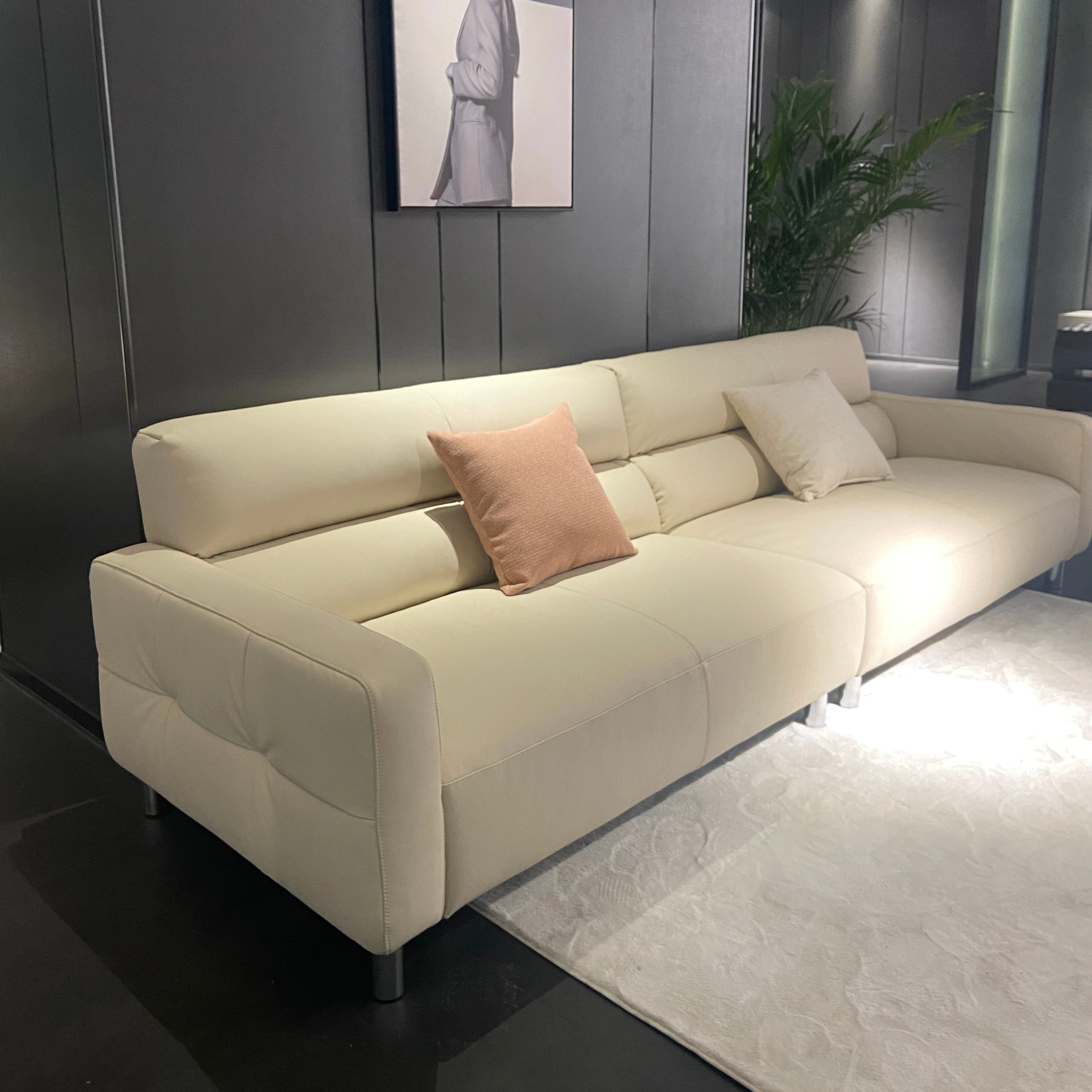 

for Custom Light Beige Leather Long Sofa 3-Seater Set with Genuine Leather Wood Fabric Materials for Living Bedrooms Apartments