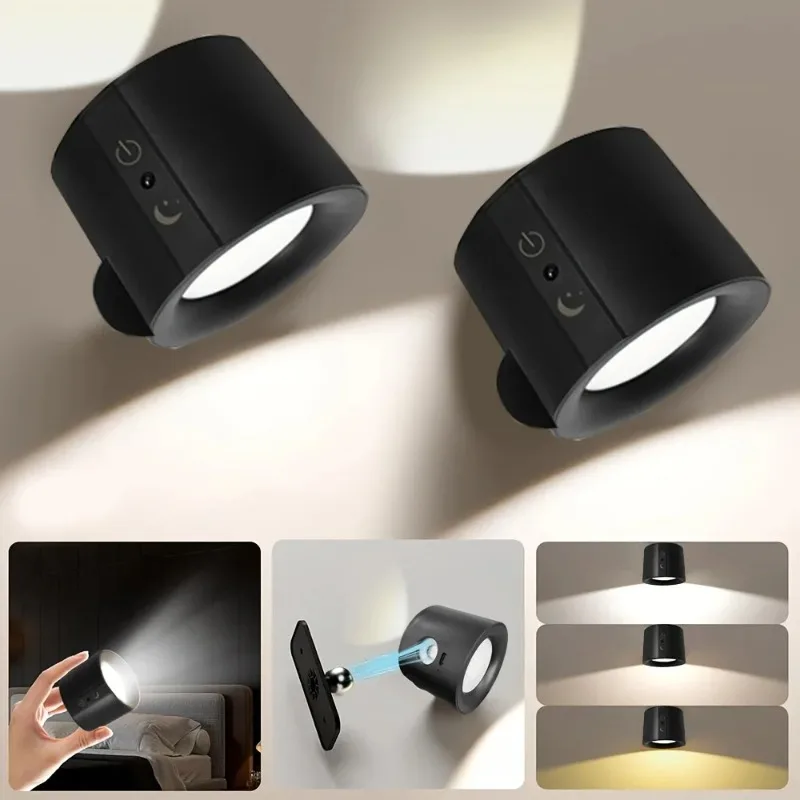 

Перезаряжаемый 360 ° Вращающийся беспроводной настенный светильник с двумя магнитными головками и LED-подсветкой, с пультом ДУ, для спальни и гостиной