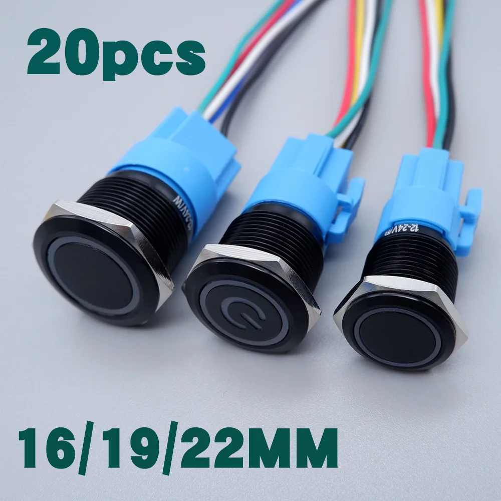 

20pcs Black Push Button Switch 16/19/22mm with Wire Led Light Waterproof Illuminated Metal Latching Momentary 5V 12V 24V 220V