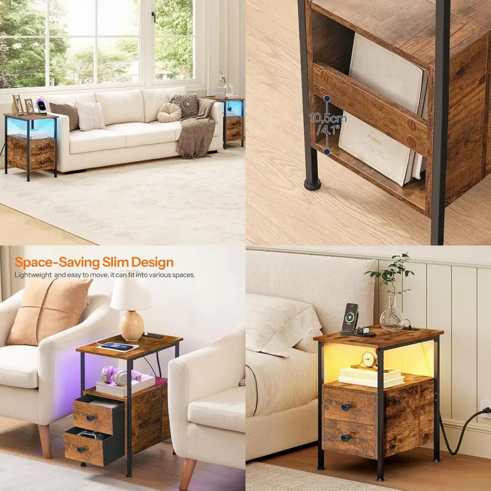 

End Table with Charging Station & Led Light, Flip-Top Narrow Side Table with 2 Drawers, Nightstand for Small Spaces, Bedroom, Li