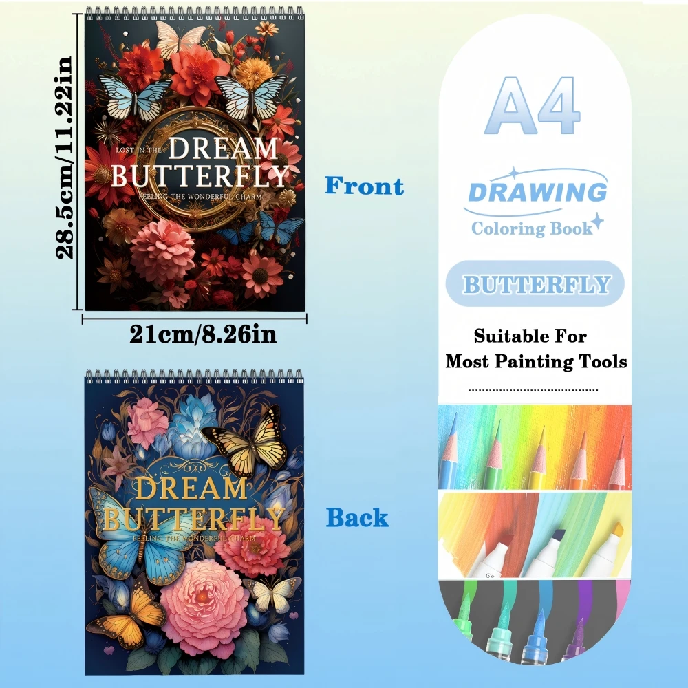 كتاب تلوين فراشات خيالية للكبار، مطبوع على جانب واحد، 24 صفحة، فن يدوي الصنع للكبار لتخفيف القلق والاكتئاب